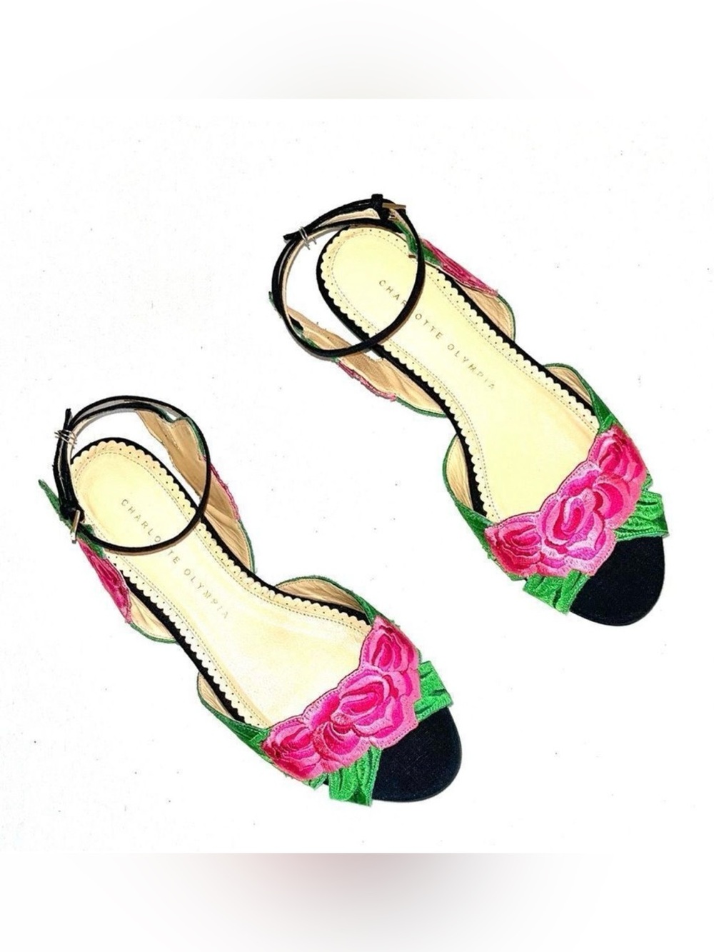 Charlotte Olympia Floral Sandals Pink/Green/Black SZE 8 (38)